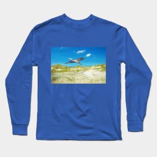 Great Blue Heron Flying Over Ocean Beach Long Sleeve T-Shirt